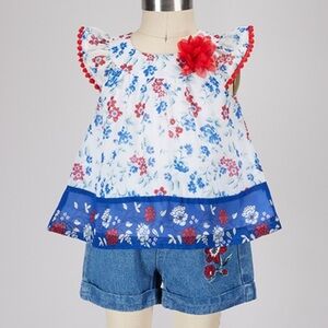 Red White & Blue Floral Chiffon Top & Denim Short Set NWT
